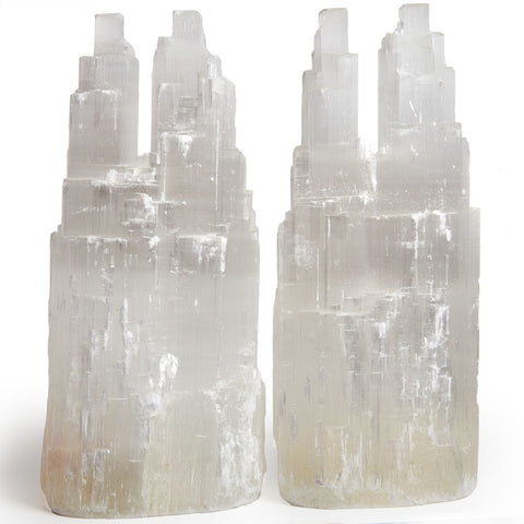 2 pcs of Handcrafted Natural Selenite Double Skyscraper Lamps - 12 Inch Avg.